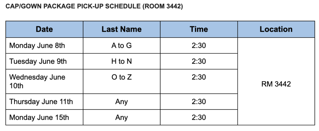Grad Gown Schedule